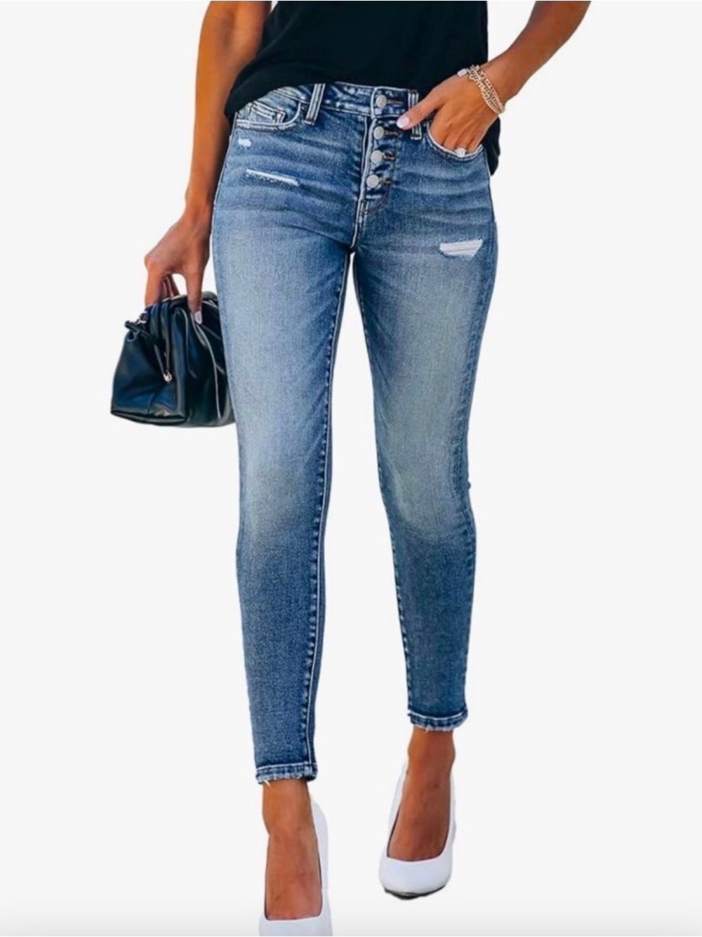 Amazon High-Rise Button-Front Ankle Skinny Jeans - Medium Blue